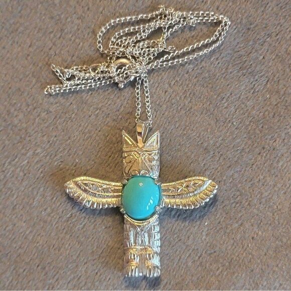 Silver Tone And Turquoise Thunderbird Pendant On Sterling Silver Chain / Z34 - Picture 1 of 3